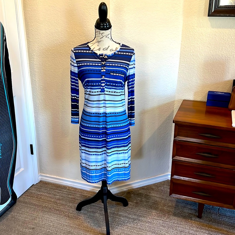 Blue and white 3/4 sleeve print dress, M.
